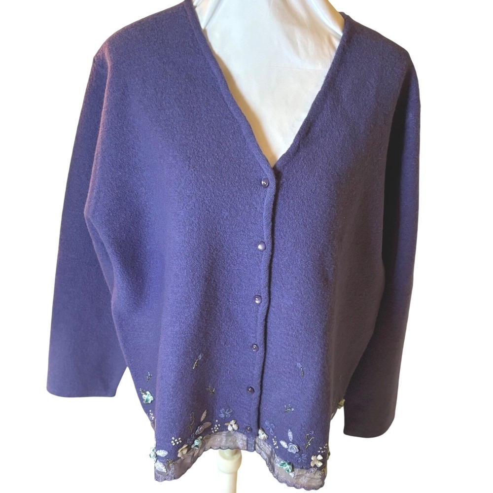 Vintage‎ Wool Embroidered Sweater Floral Cardigan Blue Top, SZ 1X, Koret